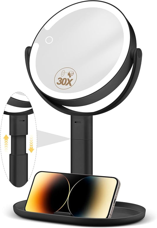 MOMOKUBA Makeup Mirror with Lights, 30X Magnifying & Height Adjustable, Lighted Magnifying Mirror with 3 Light Modes and Stepless Dimming, Vanity Mirrors for Bathroom, Birthday Gift for Women, Black