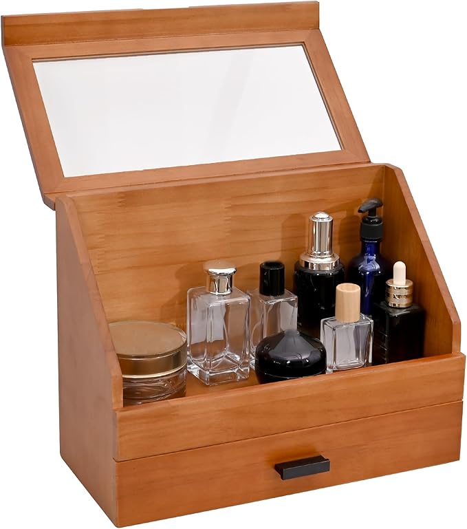 DECOR4SEASON Cologne Organizer for Men, Pine Wood Bathroom Vanity Organizer Countertop, Desk Organizers with Drawer, 2 Tier Perfume Stand Holder, Men Jewelry Box, Ideal Gift for Him Dad Boyfriend