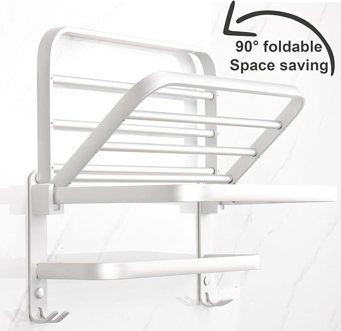 TocTen Towel Rack for Bathroom, Foldable Towel Holder with Double Towel Bars, Wall Mounted Premium Aluminum Bathroom Tower Shelf, Space-Saving Towel Hanger for Bathroom, Lavatory (Silver,16 in)