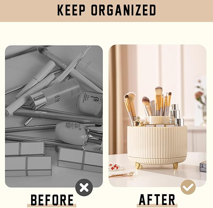 360° Rotating Makeup Brush Organizer with Gold Feet, Partitioned Storage Container, Space-Saving Cosmetic Holder & Pen Holder (Pink)