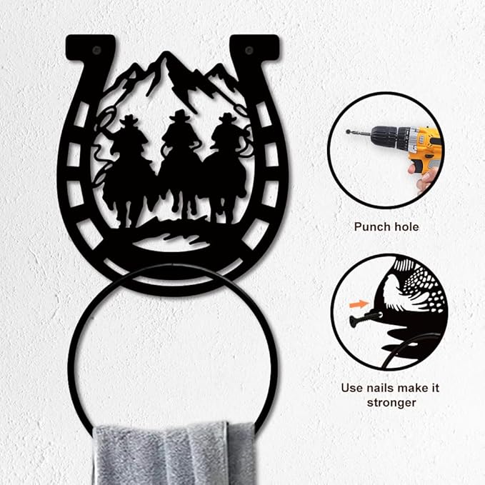 MAYJOYDIY Horseshoe Cowboy Metal Towel Ring Horse Towel Ring Black Art Towel Rack Wall Mounted Mountain Horseshoe Hand Towel Holder for Bathroom Kitchen Towel Hanger Home Decors Gift