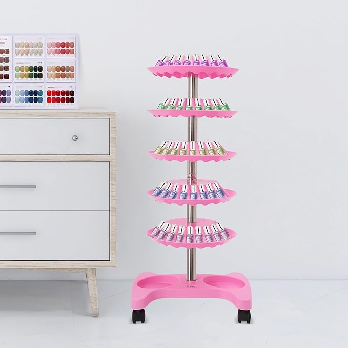 DYRABREST 5-Tier Nail Polish Trolley Organizer, 360° Rotating Nail Polish Display Stand with Wheels, Adjustable Shelves, White Modern Rolling Cart for Nail Salons and Home Use (pink)