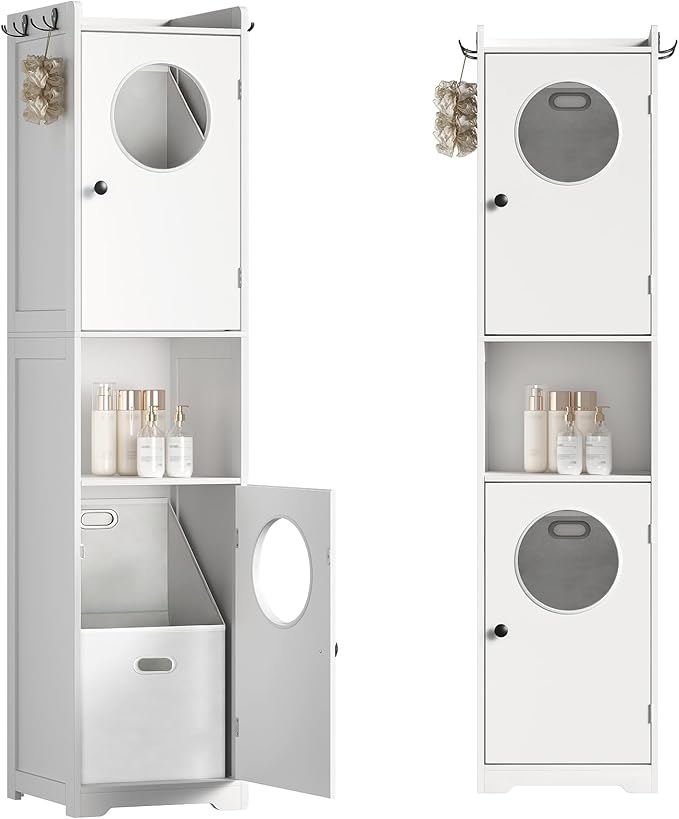 Laundry Hamper Cabinet, 70" Tall Bathroom Cabinet with 2 Laundry Baskets, Hidden Laundry Hamper with 2 Doors and Double Clothes-Toss Round Holes for Bathroom, White WT170XY01S