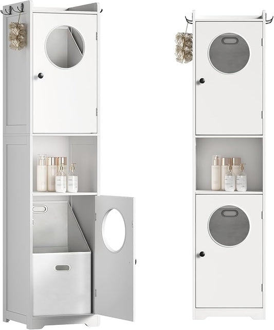 Laundry Hamper Cabinet, 70" Tall Bathroom Cabinet with 2 Laundry Baskets, Hidden Laundry Hamper with 2 Doors and Double Clothes-Toss Round Holes for Bathroom, White WT170XY01S