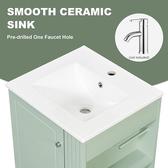 Virubi 20 in Small Bathroom Vanity with Sink,Drawer,Doors and Side Storage & Toilet Paper Holder, Solid Wood & MDF Modern Single Bathroom Sink Cabinet with Drawers,Freestanding (Green,20 in)
