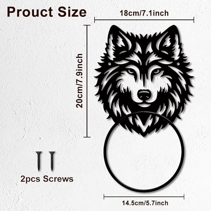 MAYJOYDIY Wolf Metal Towel Ring Animal Theme Bath Towel Ring Wolf Wildlife Towel Holder Wall Mounted Black Art Towel Rack for Bathroom Kitchen Towel Hanger Home Decors Gift