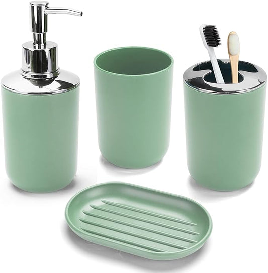 4 Pcs Sage Green Bathroom Accessories Set,Bohemian Bathroom Toothbrush Holder Set.Include Soap Dispenser, Soap Dish, Toothbrush Holder, Mouthwash Cup, Modern Bahtroom Decor Set