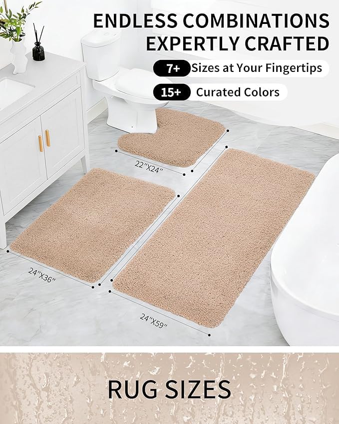 Bathroom Rugs Non Slip Washable 59x24, Ultra Thick Soft Microfiber Absorbent Bath Mats, High Density Foam Latex Non Slip Backing Bath Rugs, Fluffy Floor Carpet for Tub&Shower,Beige