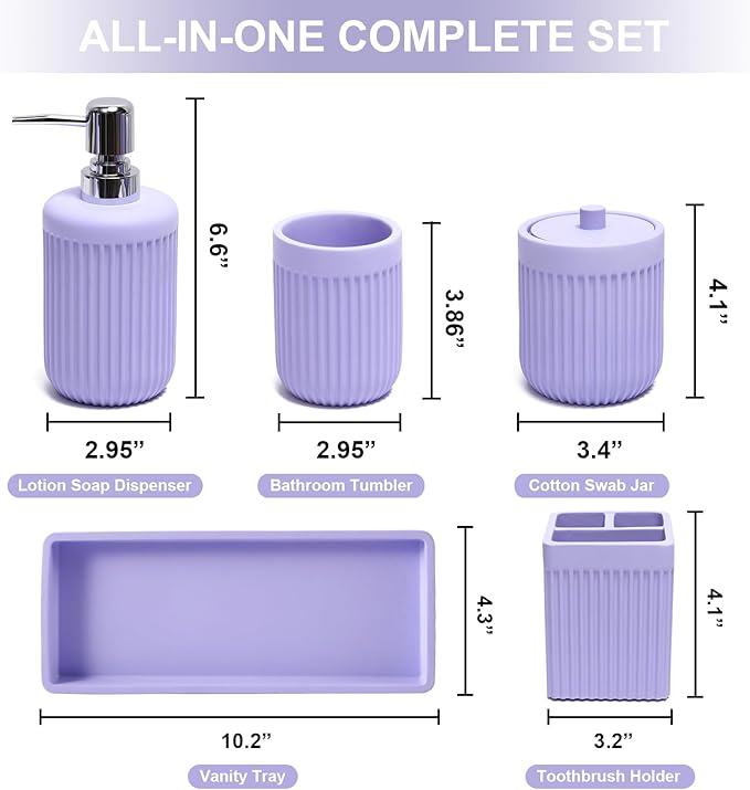 XLHOMO Resin Light Purple Bathroom Accessories Set 5 Pcs, Lotion Soap Dispenser, Toothbrush Holder, Bathroom Tumbler, Qtip Holder and Vanity Tray, Bathroom Countertop Organizer Set for Home Apartment