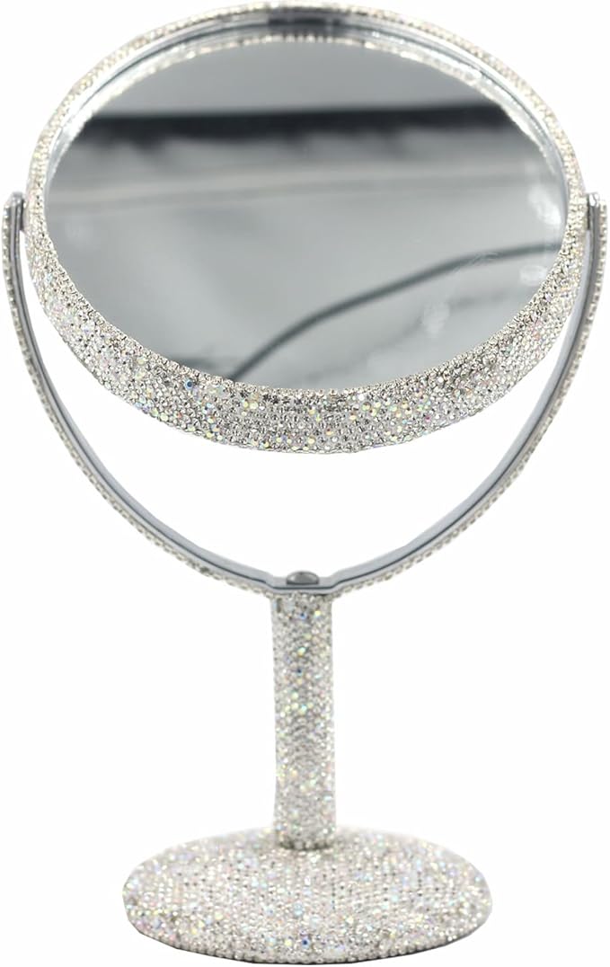 Bling Bling 6-Inch Double-Sided Tabletop Makeup Mirror, Oval Metal Makeup Mirror with 1:2 Magnifying Mirror, Rotating Mirror for Vanity (Silver)