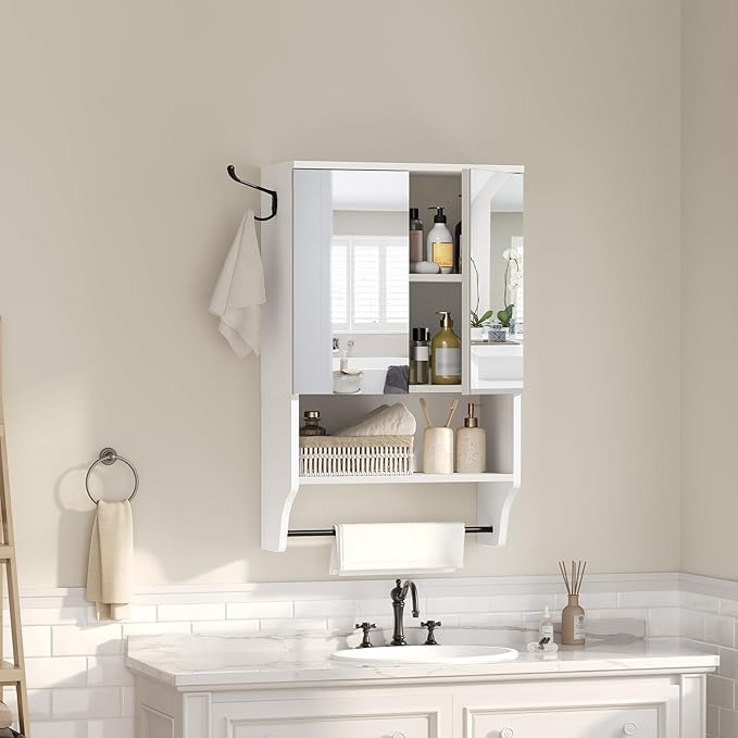 MAHANCRIS Bathroom Wall Cabinet with Mirror, Medicine Cabinet with 2 Door and Adjustable Shelf, Wall Mounted Over The Toilet Storage Cabinet with Towel Bar for Bathroom Laundry Room Kitchen, White