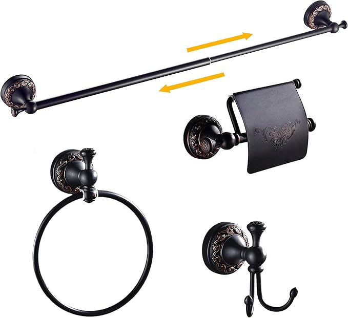 WINCASE Bronze Hardware Set Bathroom, Oil Rubbed Accessories Set Adjustable Towel Bar, 4 Pieces Wall Mounted Toilet Paper Holder ORB Robe Hook