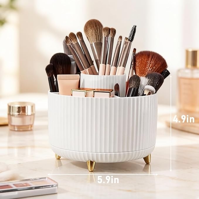 Makeup Brush Holder,360° Rotating Makeup Brush Organizer,5 Slot Make up Brushes Cup for Cosmetics,Large Capacity,For Nail Polish, Art Supply, Bathroom Vanity,Cosmetics Organizer,White