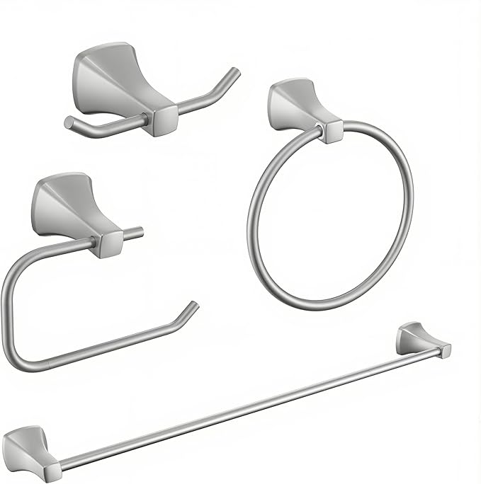 Brushed Brushed Nickel Bathroom Hardware Set 4 Piece Brushed Nickel Bathroom Accessories Set, 23.6 inch Bath Towel Bar Set | Towel Hook | Toilet Paper Holder | Hand Towel Holder
