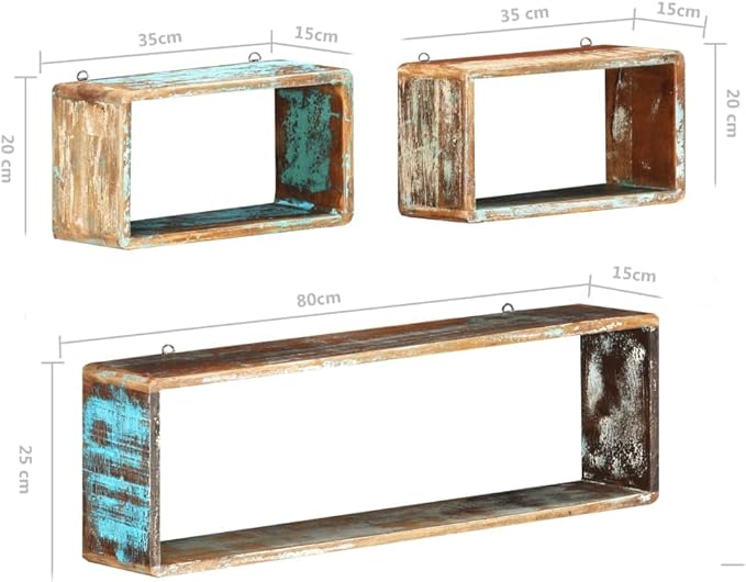 3 Piece Wall Cube Shelf Set, Solid Reclaimed Wood Floating Shelves for Living Room Bedroom, Unique Handmade Decorative Storage for Books Plants Decor