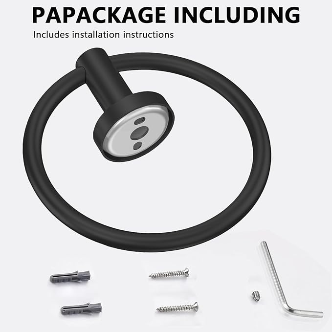 WOOPHEN Hand Towel Ring, Thicken Stainless Steel Bath Towel Holder Modern Round Towel Hanger Wall Mounted for Bathroom, Kitchen (Matte Black)