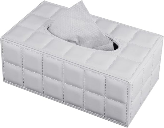 Tissue Box Cover Rectangle Tissue Box Holder PU Leather Facial Organizer with Magnetic Bottom,Decorative Napkin Caddy for Vanity Dresser Night Stand Table Countertop Home Office Car,White