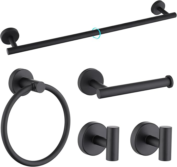 Bathroom Hardware Set 5 Piece, Matte Black Towel Bar Set, 24 Inch 304 Stainless Steel Bathroom Towel Holder Set for Modern Bathroom, Heavy-Duty & Rust-Resistant Bathroom Storage Solution (Matte Black)