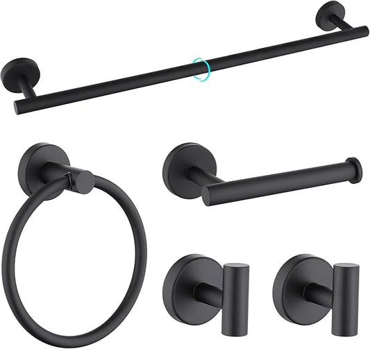 Bathroom Hardware Set 5 Piece, Matte Black Towel Bar Set, 24 Inch 304 Stainless Steel Bathroom Towel Holder Set for Modern Bathroom, Heavy-Duty & Rust-Resistant Bathroom Storage Solution (Matte Black)