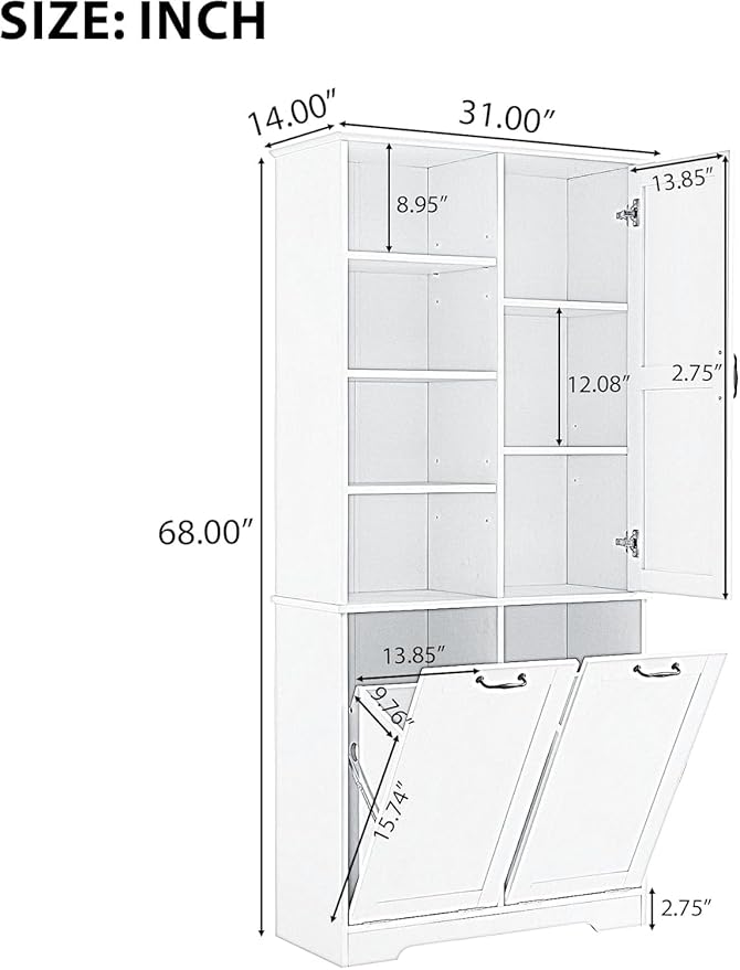 Virubi Tall Laundry Hamper Cabinet with 2 Tilt Out Hamper, Wood Tall Bathroom Laundry Room Storage Cabinet with Adjustable Shelves, Freestanding (White)