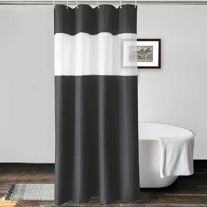 UFRIDAY Waffle Weave Fabric Shower Curtain with Mesh Window, Heavy Duty Decorative Bathroom Curtain with White Pique Pattern, Spa-Like Hotel Luxury, Water-Repellent,36 x 72 Inches