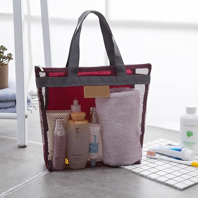 Mesh Shower Caddy Bag, Quick Dry Portable Tote Bag with Zipper and Inner Pocket, Lightweight Bath Organizer for College Dorm Bathroom, Swimming, Gym, Beach, Travel (Red)