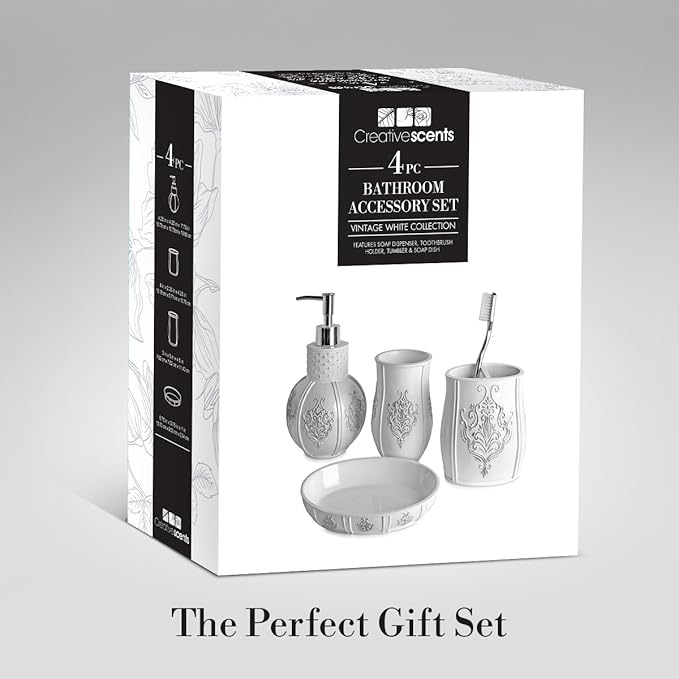 Creative Scents Vintage White Bathroom Accessories Set - 4 Piece Bathroom Set - Farmhouse French Country Bathroom Accessory Set Features: Soap Dispenser, Toothbrush Holder, Tumbler & Soap Dish