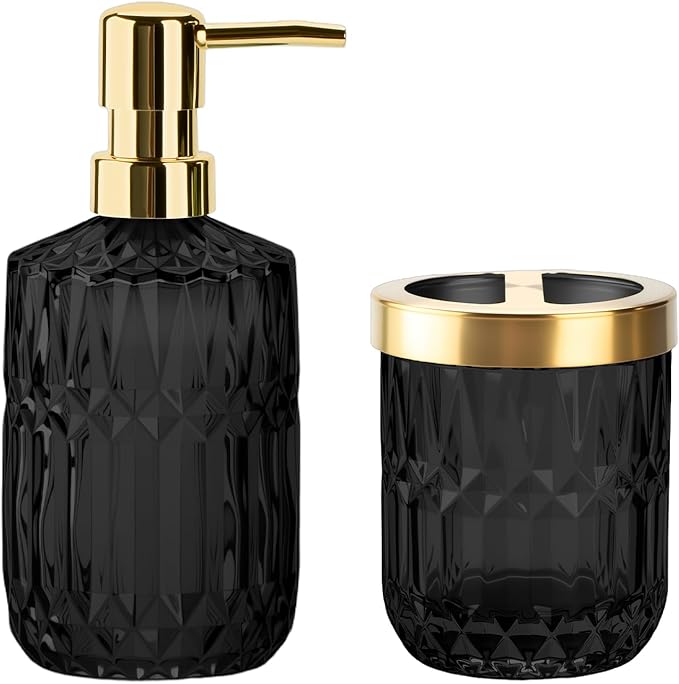 Glass Bathroom Accessories Set, 2PCS Glass Bathroom Accessory, Toothbrush Holder and Soap Dispenser Set for Modern Bathroom Decor(Black Gold)