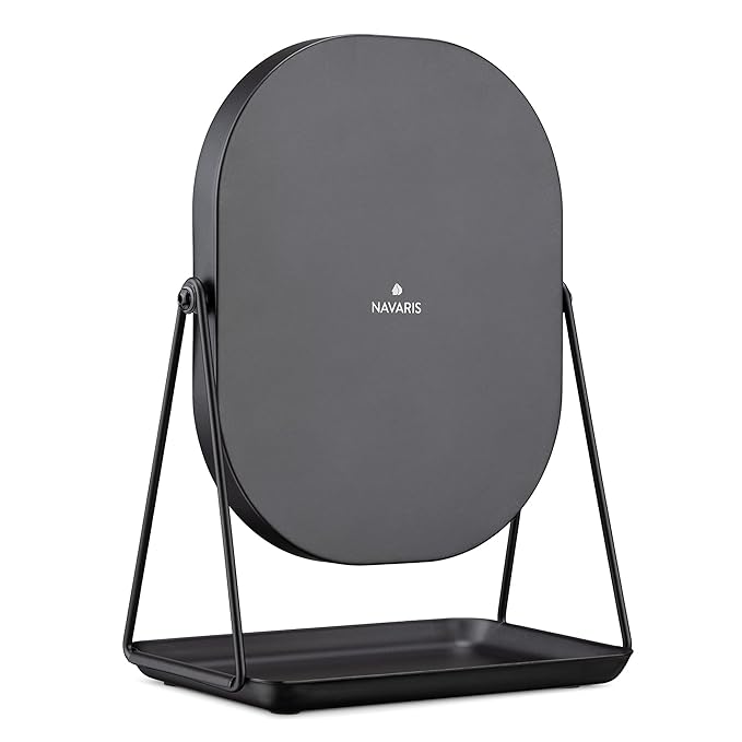 Navaris Vanity Mirror with Tray - Table Top Mirror with Metal Stand and Storage - 7" x 9" Mirror Size - For Makeup, Tabletop, Desk - Black Finish