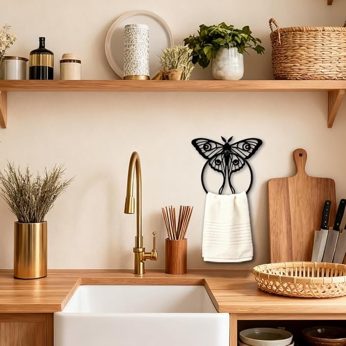 MAYJOYDIY Insects Metal Towel Ring Round Luna Moth Hand Towel Holder Ring Hanger Black Vintage Towels Wall Organizer for Kitchen Bath Home Laundry Room Decors Gifts