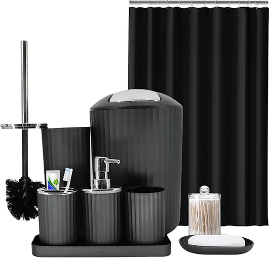 Black Bathroom Accessories Set, 9-Piece Bathroom Accessory Sets Complete with Trash Can, Shower Curtain, Vanity Tray, Soap Dispenser, Soap Dish, Toothbrush Holder, Toothbrush Cup and Toilet Brush