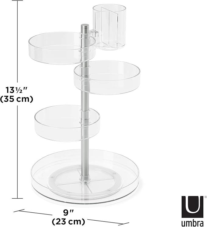 Umbra Pirouette Cosmetic Organizer, Large Capacity Makeup Storage with Adjustable Compartments, Clear/Nickel