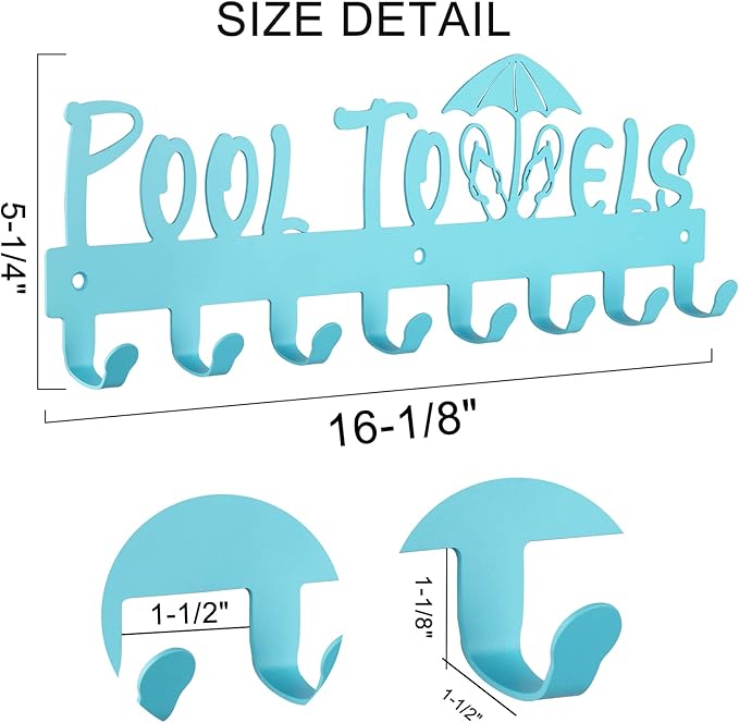 IBosins Pool Towel Rack with 8 Hooks, Towel Holder Wall Mounted for Outdoor or Bathroom, Towel Hanger for Hanging Bathrobes, Towels, Clothes - Perfect Pool Area Outside Sign and Decor (Blue)