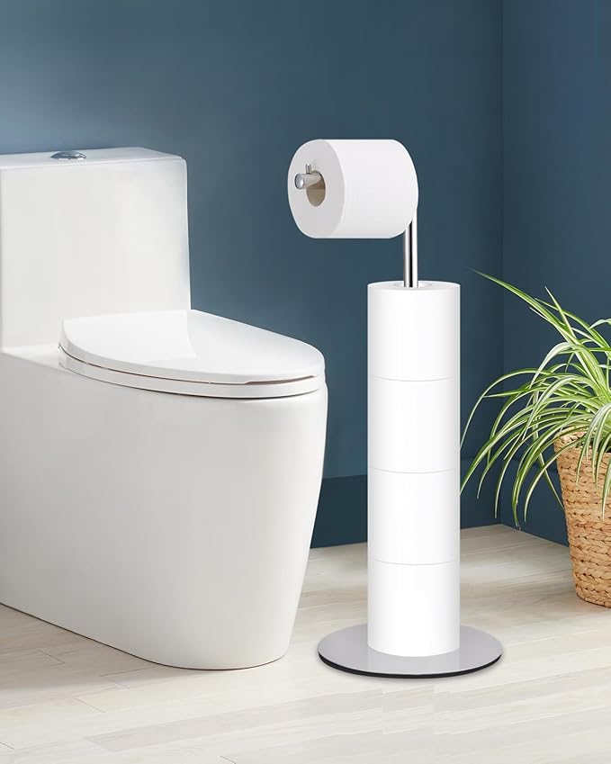 Toilet Paper Holder Stand, Free Standing Toilet Paper Roll Holder with Reserve, Modern Bathroom Toilet Paper Stand for 4 Rolls, Chrome, Housen Solutions