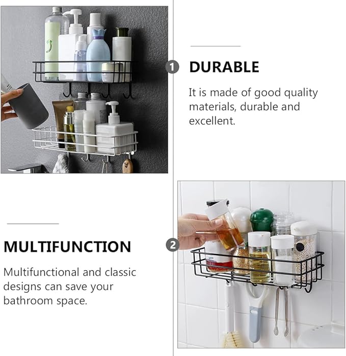 Veemoon Wall-Mounted Punch-Free Storage Rack with Hooks 2pcs, Iron Material, Nail-Free Organizer Shelf for Bathroom Kitchen, Black Bathroom Hanging Storage Solution