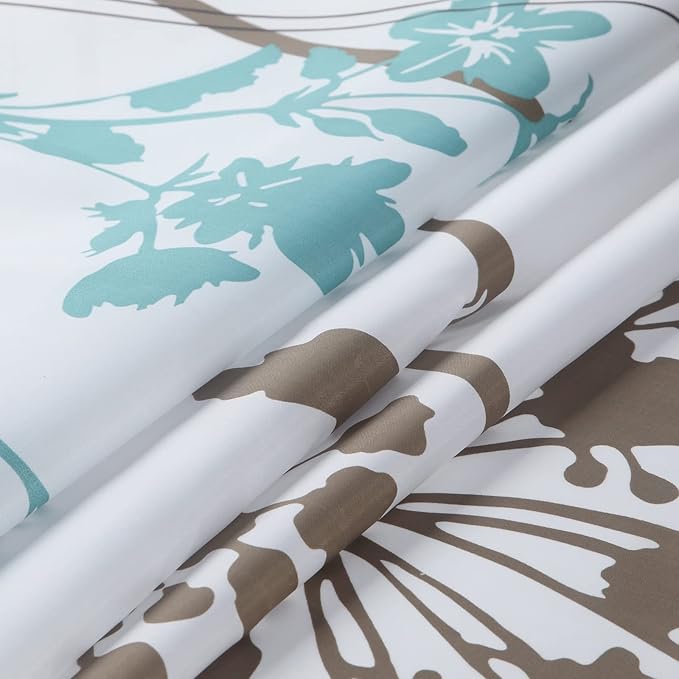 Fabric Floral Shower Curtain, Long Blue and White Shower Curtain, Teal and Brown Plant Shower Curtains for Bathroom, Modern Decorative Bathroom Curtains - 72" W x 78" H