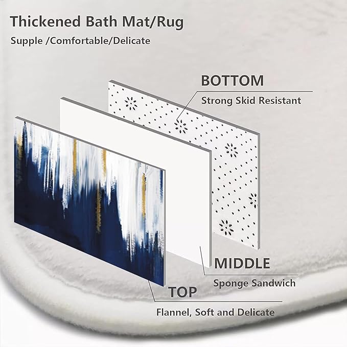 NBVKO 4PCS Navy Blue Oil Painting Style Shower Curtain Set with Non-Slip Rugs,Toilet Lid Cover and Bath Mat,Bathroom Decor Accessory Set