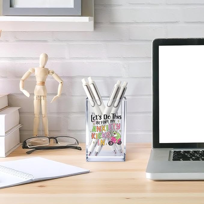 Let?€?s Do This Before My Anxiety Kicks in Acrylic Cosmetic Pencil Pen Holder Cup, Funny Frog Desk Organizer for Office Decor, Frog Lover Gifts Sarcastic Work Gifts for Women Men Coworker Employee