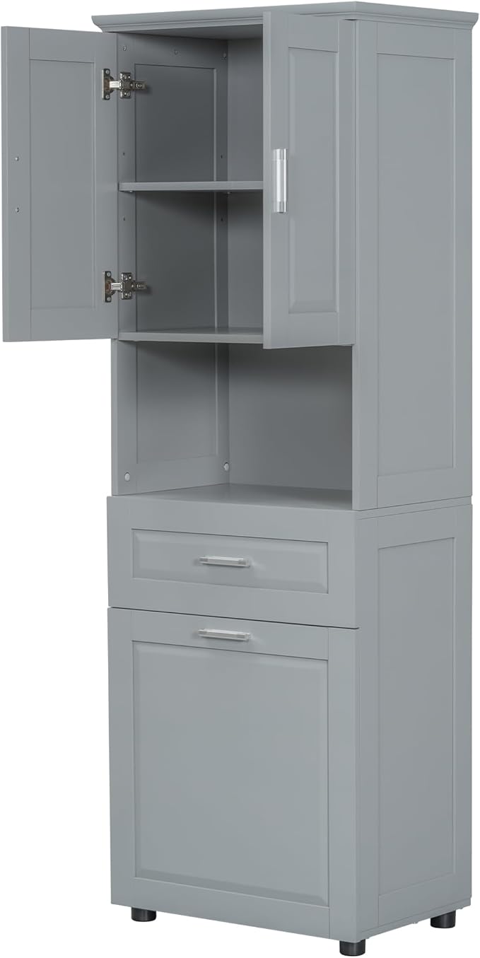 Virubi Tall Laundry Cabinet with Tilt Out Laundry Hamper and Drawer, Modern Wood Bathroom Storage Cabinet with Doors and Adjustable Shelves, Freestanding, Grey