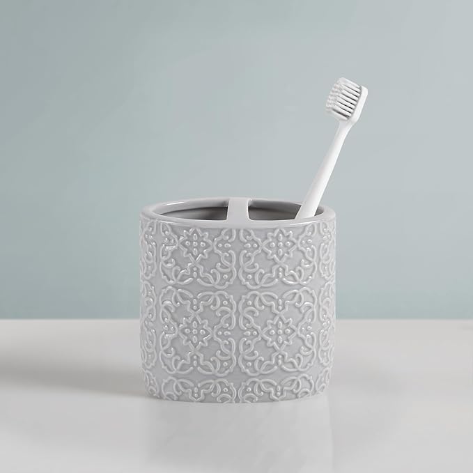 Martha Stewart Ceramic Bathroom Accessories Set, Vanity Decor Storage Organizer, Embossed Damask Medallion, Lotion/Soap Dispenser, Toothbrush Holder, Tumbler, Trinket Dish, Assorted Sizes Grey