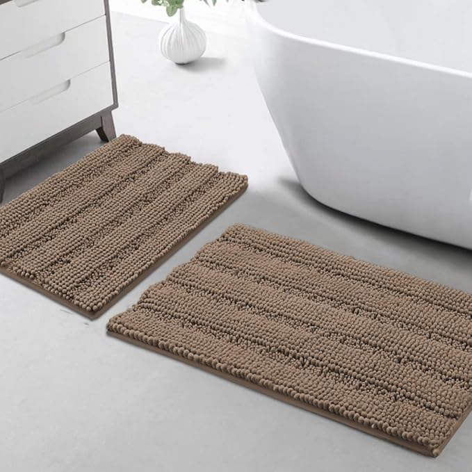 Turquoize Chenille Bathroom Rugs Set Non-Slip Bath Mats for Bathroom Extra Absorbent Shaggy Bath Mats for Floor Indoor Mat for Kitchen/Entryway (20" x 32" and 17" x 24"), Taupe Brown