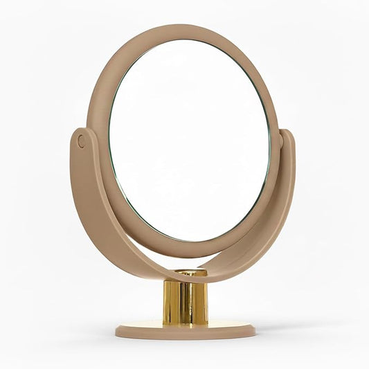Danielle Creations Round Soft Touch Vanity Mirror – Taupe, 7.48 x 3.94 x 9.06 in, 1x/10x Magnification, Adjustable Stand, Makeup Mirror for Face, Beauty, Travel & Desk Use