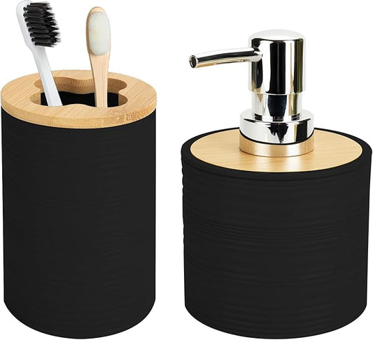 2 PCS Black Bathroom Accessories Set, Soap Dispenser and Toothbrush Holder Set, Plastics & Bamboo Bathroom Set, Bohemian Style Bathroom Sink Set