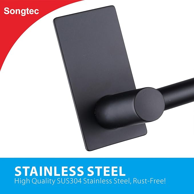 Songtec Adhesive Towel Bar Black 16-Inch, Stick On Bath Towel Rack No Drill, Strong Adhesion Tape Mount Towel Holder, Stainless Steel - Black