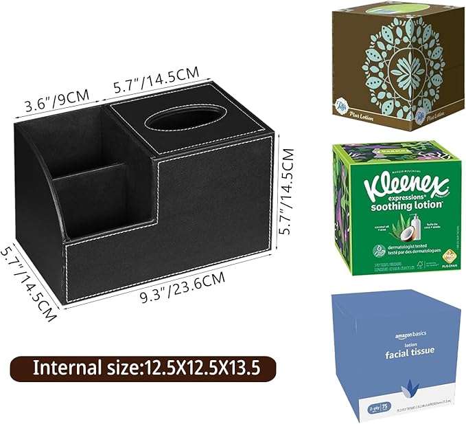PU Leather Square Tissue Box Cover - Multi-Functional Tissue Box Holder, Tissue Box Cover with Storage,Tissue and Remote Control Holder, Cube Tissue Box Organizer Bedroom Nightstand End Table