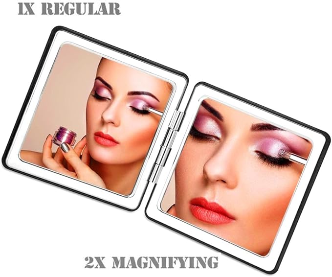 Square Pink Compact Mirror for Women,Small Magnifying Travel Mirror with Glitter,Portable 2 x 1x Magnification Folding Pocket Makeup Mirror Cosmetic Mirror for Gift Travel Essentials