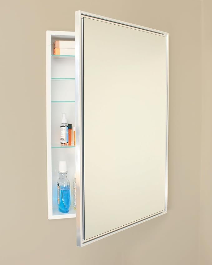 Fox Hollow Furnishings 20x30 Parker Metro Metal Framed Rectangle Recessed Bathroom Medicine Cabinet, Floating Mirror, 18x28 in-Wall Opening, Steel, Adjustable Glass Shelves, Magnet Close, Chrome