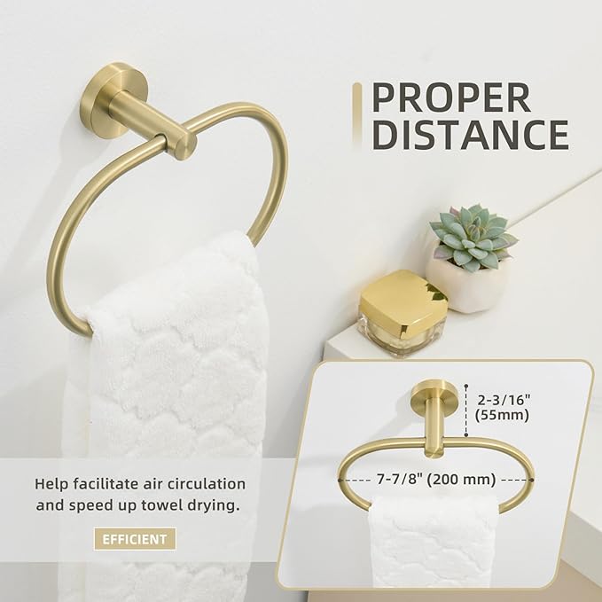 Angle Simple Towel Ring for Bathroom, SUS304 Stainless Steel Swivel Oval Hand Towel Ring Rack for Wall, Brushed Gold