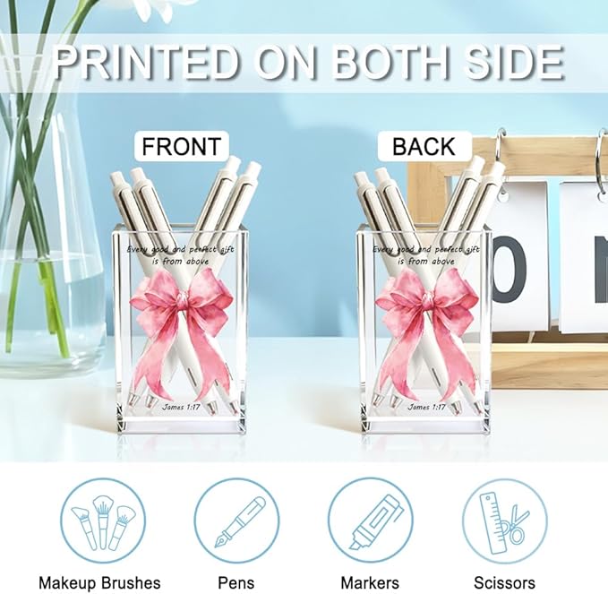 Every Good And Perfect Gifts Is From Above Acrylic Cosmetic Holder, Pink Bow Clear Makeup Brush Holder Countertop, James 1:17 Christian Bible Verses Birthday Gifts for Women Girlfriend Her