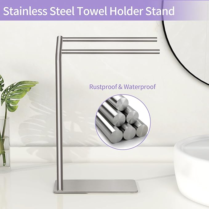 LSK Hand Towel Stand, Stainless Steel Bathroom Towel Holder Stand, Curved F-Shaped Countertop Towel Stand with Heavy Base, 16.6 Inch, Brushed Nickel